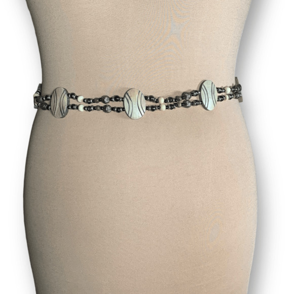 Vintage Reversible Beaded Waist Belt Wood Disc Boho Western Adjustable Chain main image 5